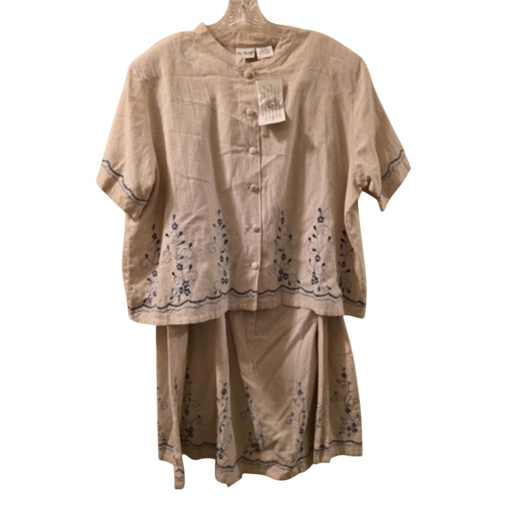 Vtg Floral Embroidered Two Piece Skirt Set Flax Blend Cream Cottagecore XL FLAW